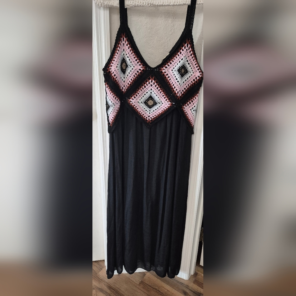 Rebellion Black Spagetti Strap Maxi Dress With Beautiful Colorful Crochet Accent